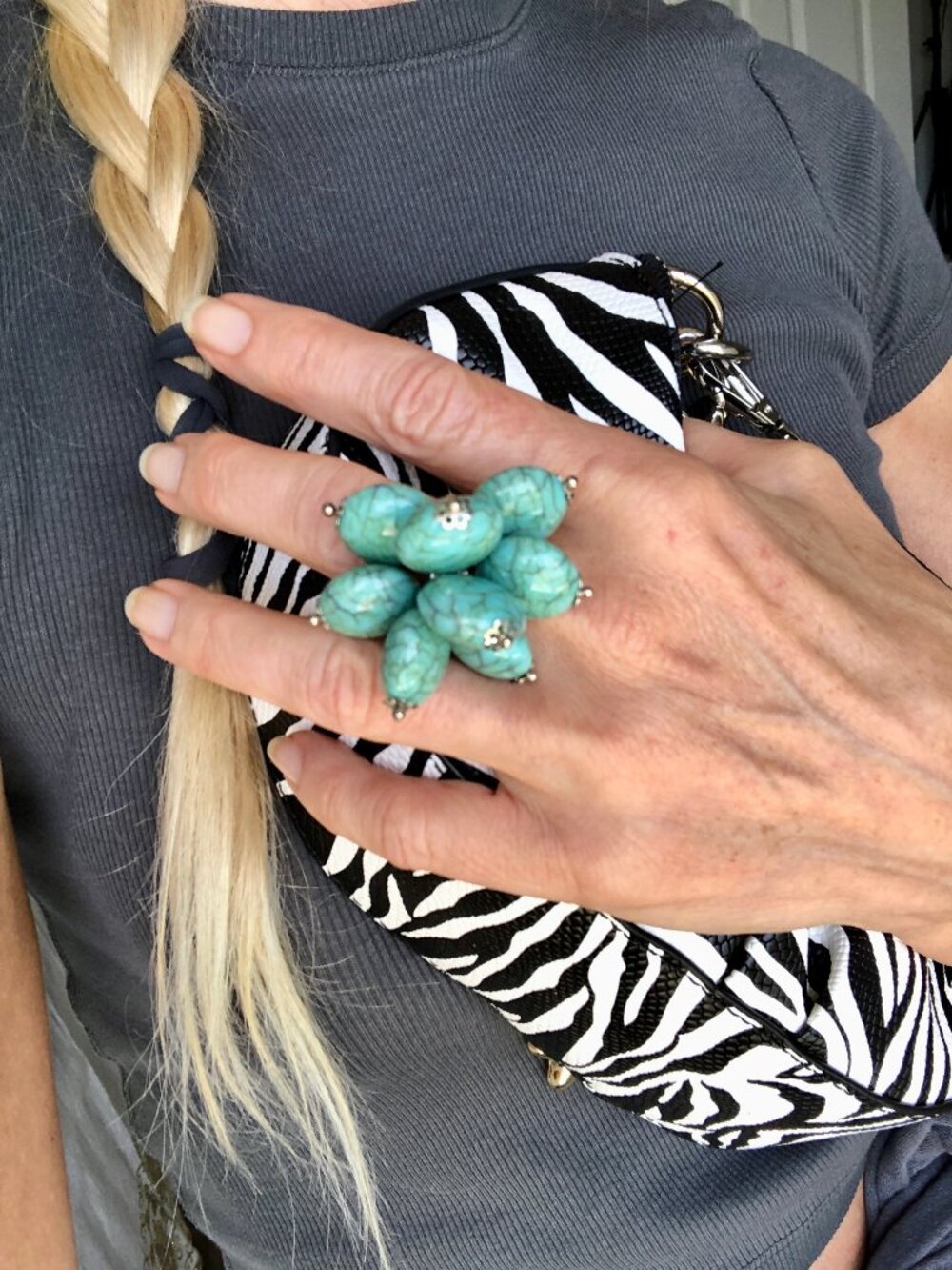 Bold Turquoise and Silver Toned oversized Beaded Ring, Adjustable in Size